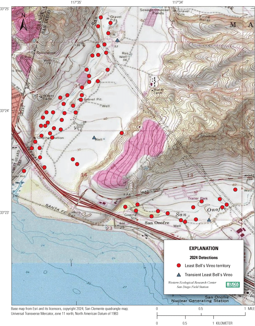 4.12. Topographic map showing colored markers for vireo territories.