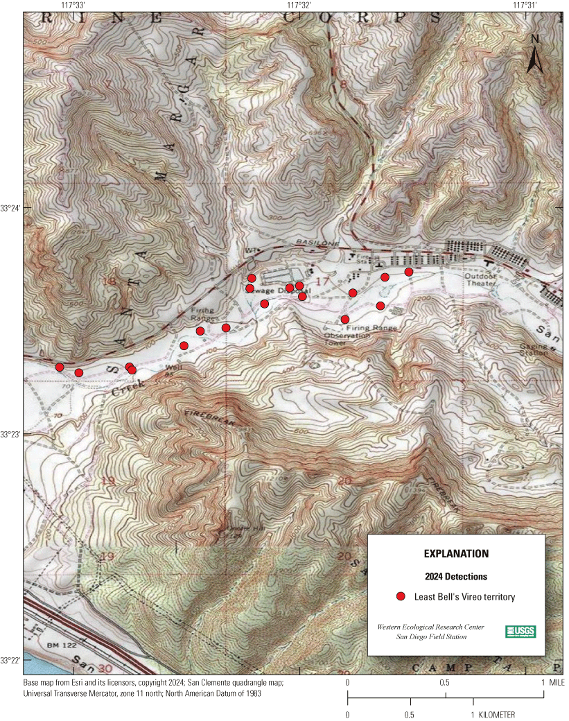 4.13. Topographic map showing colored markers for vireo territories.