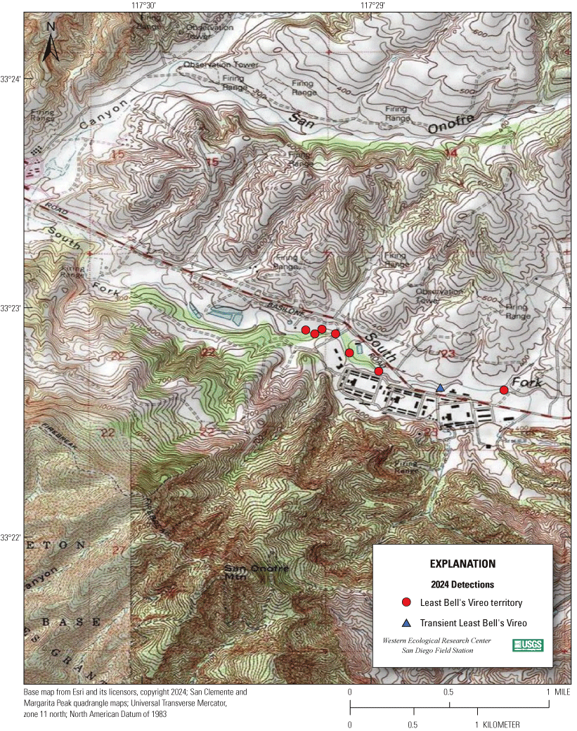4.14. Topographic map showing colored markers for vireo territories.