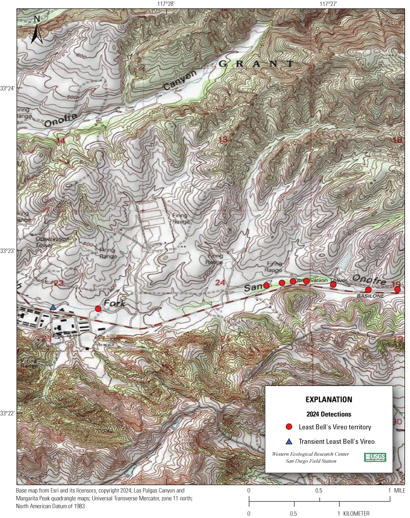 4.15. Topographic map showing colored markers for vireo territories.