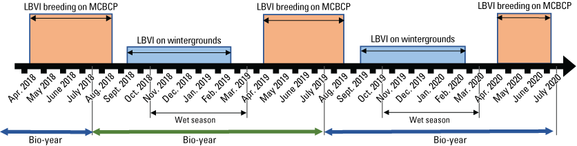 4. Timeline graph using colored blocks for Least Bell’s Vireo life stages and horizontal
                           arrows for annual periods.