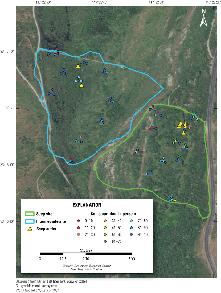 10. Aerial view of Santa Margarita River, colored polygons are monitoring sites, colored
                        dots show soil saturation inside polygons.