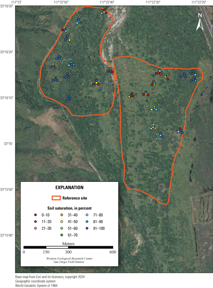 11. Aerial view of Santa Margarita River, colored polygons are monitoring sites, colored
                        dots show soil saturation inside polygons.