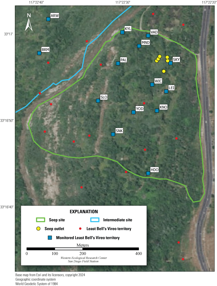 24. Aerial view of monitoring site; colored dots indicate vireo territories and seep
                        outlets.