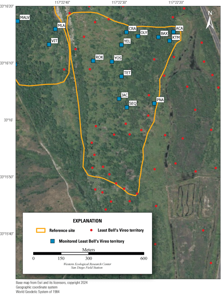 25. Aerial view of monitoring site; colored dots indicate vireo territories and seep
                        outlets.