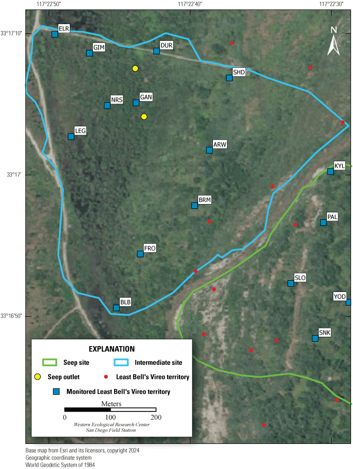 26. Aerial view of monitoring site; colored dots indicate vireo territories and seep
                        outlets.