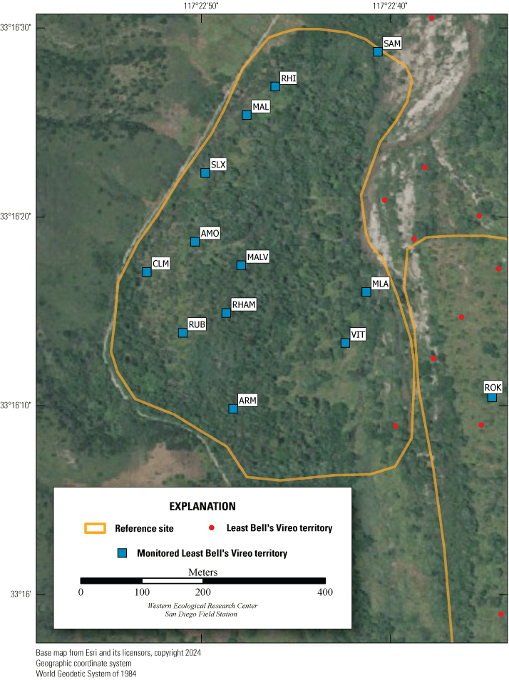 27. Aerial view of monitoring site; colored dots indicate vireo territories and seep
                        outlets.