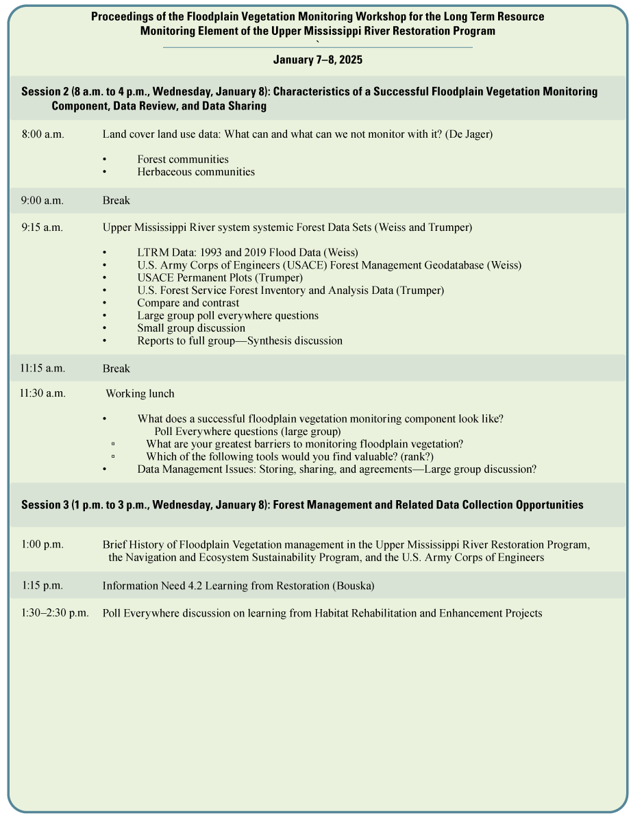 Figure showing the workshop agenda for day 2, January 8, 2025. The agenda includes
session 2 on characteristics of a successful floodplain vegetation monitoring component,
data review, and data sharing, and session 3 on forest management and related data
collection opportunities.
