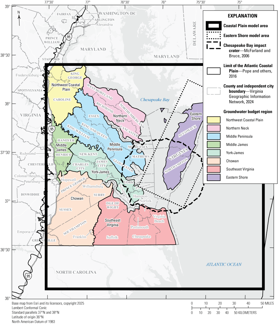 Map shows important geographic divisions of the Virginia Coastal Plain, including
                     groundwater budget regions and groundwater model boundaries.	