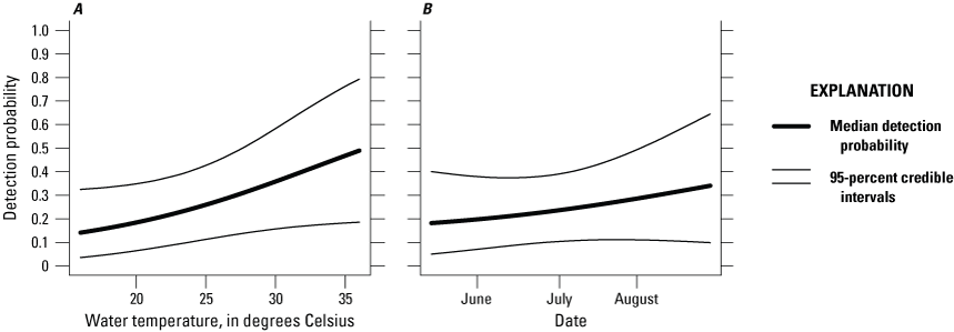 4. Left graph: detection rises with water temperature; right graph: detection rises
                        from May to September.