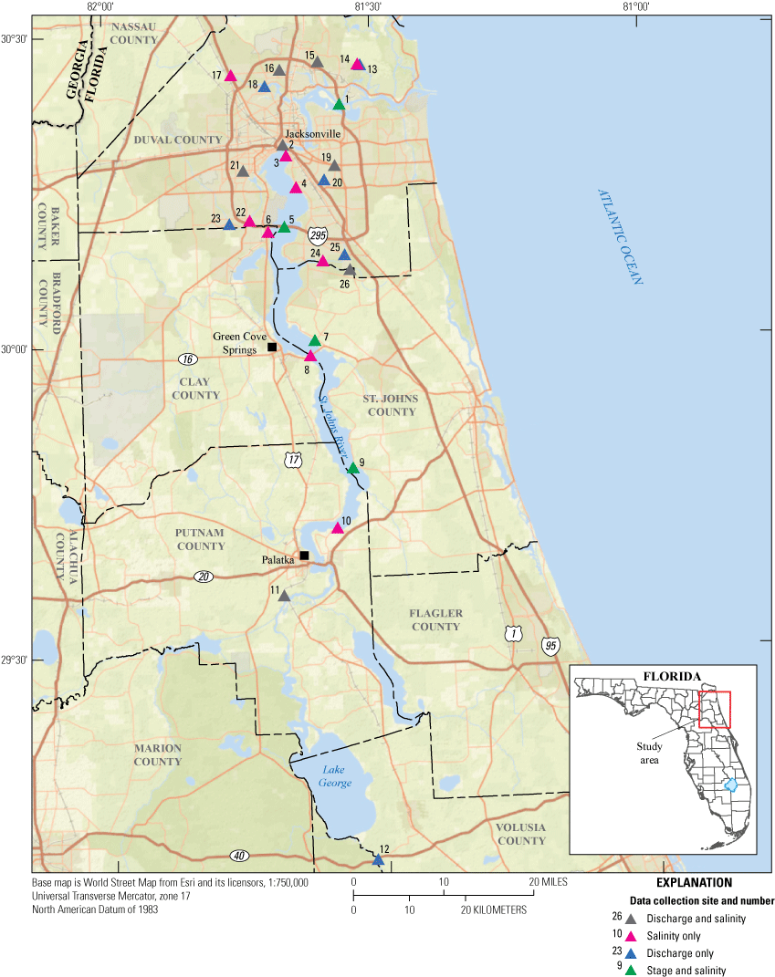 Map of data collection sites on the St. Johns River and its tributaries with a concentration
                     of sites in Duval County.