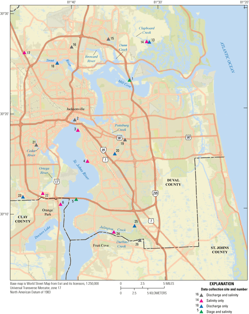 Map of data collection sites near the St. Johns River in Clay, Duval, and St. Johns
                     Counties.