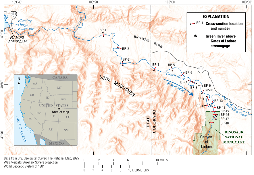 Map of the Green River between Flaming Gorge Dam and the Canyon of Lodore with locations
of 18 cross sections on the Green River.
