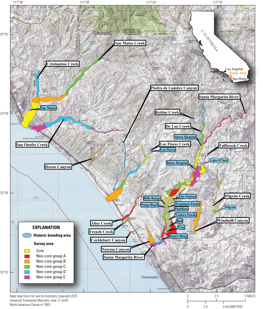 1. Colored polygons indicate survey groups. White labels are drainages; blue labels
                        are historic breeding areas.