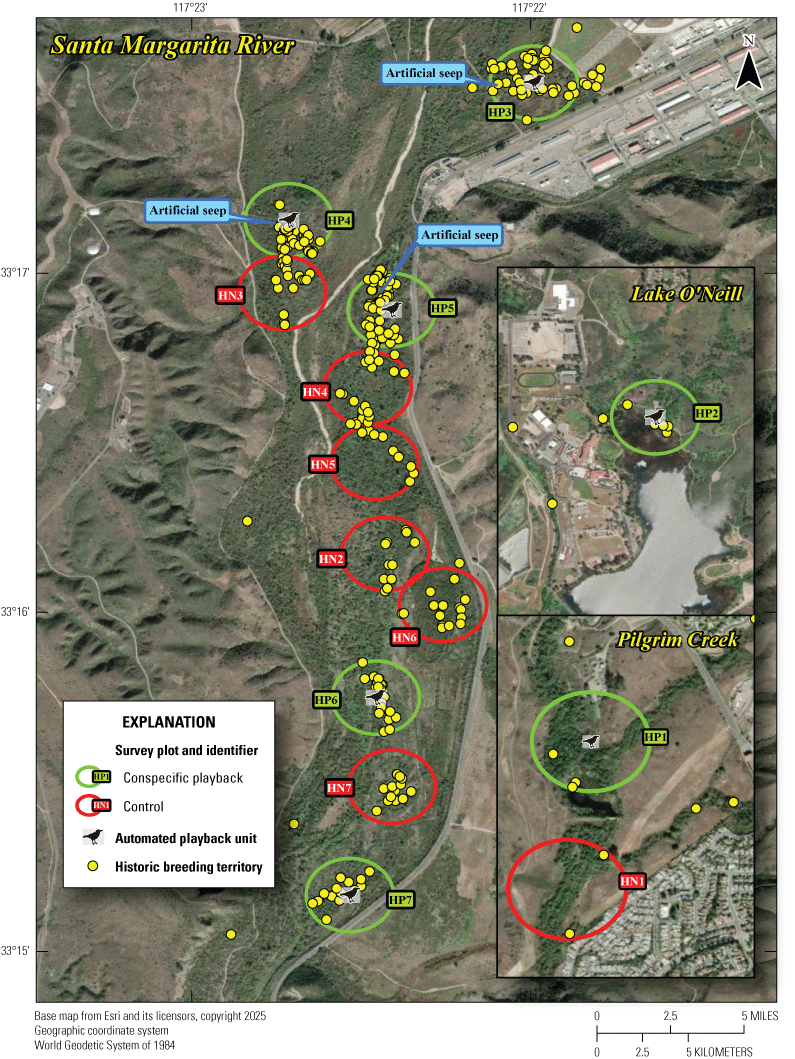 2. Colored circles are survey plots, bird symbols are automatic playback units, and
                        yellow dots are historic breeding territories.