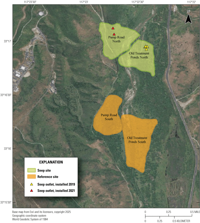 3. Aerial map of Santa Margarita River; colored polygons are study sites, and colored
                        triangles are seep pump outlets.