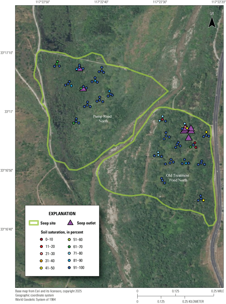 7. Aerial view of Santa Margarita River, colored polygons are monitoring sites, colored
                        dots show soil saturation inside polygons.
