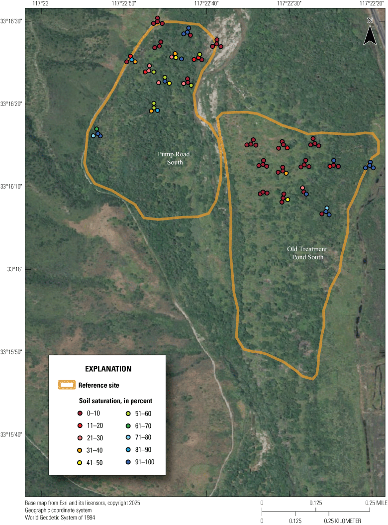 8. Aerial view of Santa Margarita River, colored polygons are monitoring sites, colored
                        dots show soil saturation inside polygons.