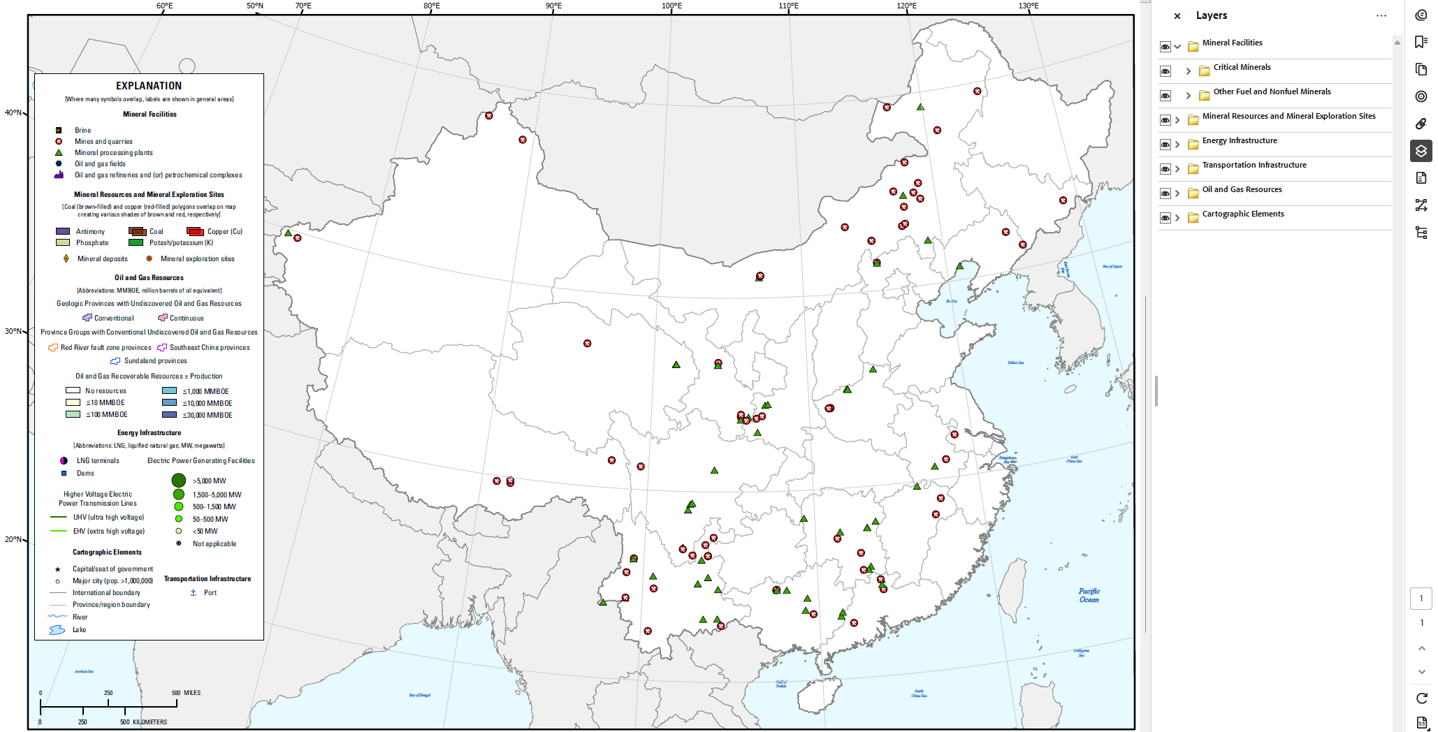 Screenshot of a map of China and surrounding countries. Zinc mine and smelter locations
                     are located most abundantly in the SE and NE (smelters especially in the SE); only
                     a few locations in NW China.