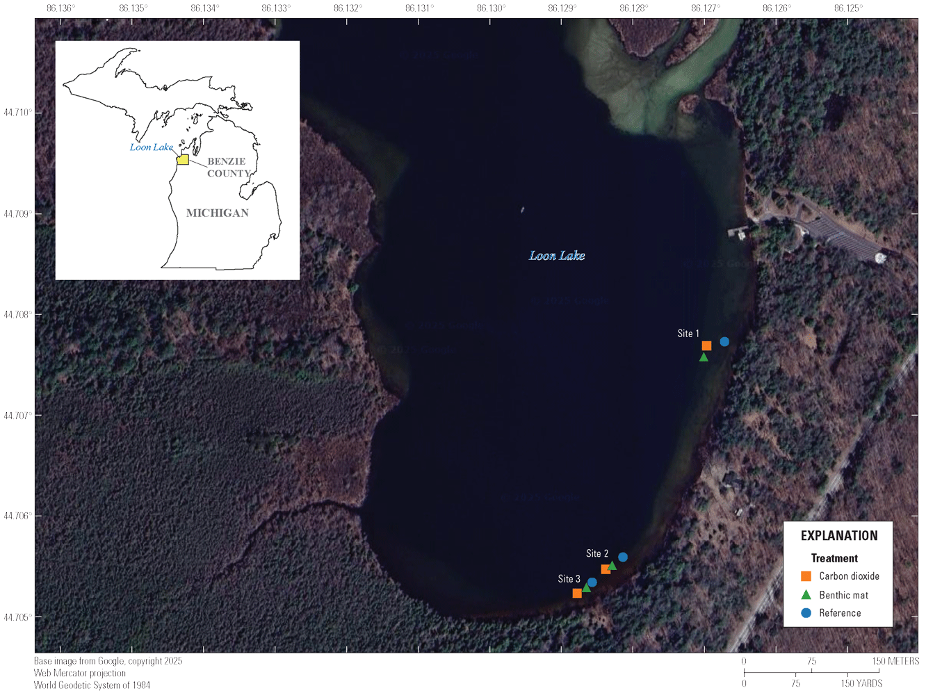 In Loon Lake, site 1 is on the eastern bank, and sites 2 and 3 are on the southern
bank and slightly to the east.