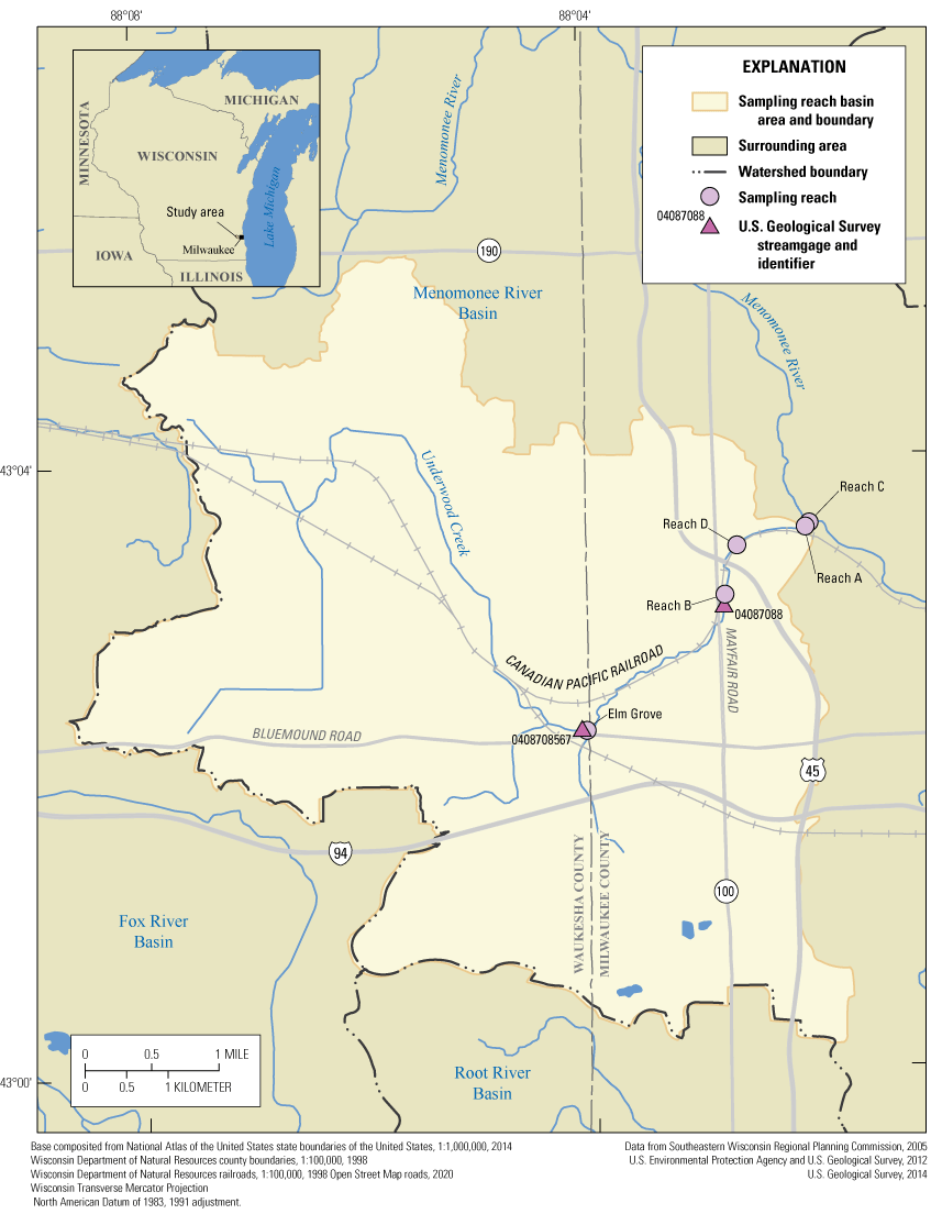 Sampled reaches are in the eastern half of the Underwood Creek watershed near the
confluence with the Menomonee River.