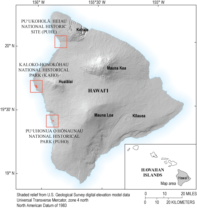 Alttext 1: The Kona Coast is on the west coast of the Island of Hawaiʻi. Puʻukoholā
                        Heiau National Historic Site is the northernmost National Park, Puʻuhonua o Hōnaunau
                        National Historic Park is the southernmost National Park, and Kaloko-Honokōhau National
                        Historic Park is in between the first two.