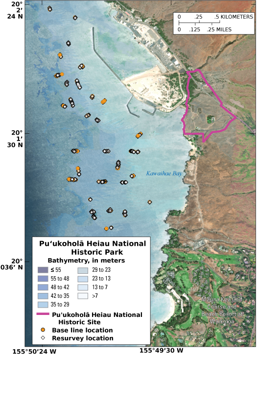 Alttext 2: The baseline and resurvey locations mostly overlap with each other, except
                           for a few clusters in the southern section that are only resurvey locations. The survey
                           points are scattered throughout Kawaihae Bay.