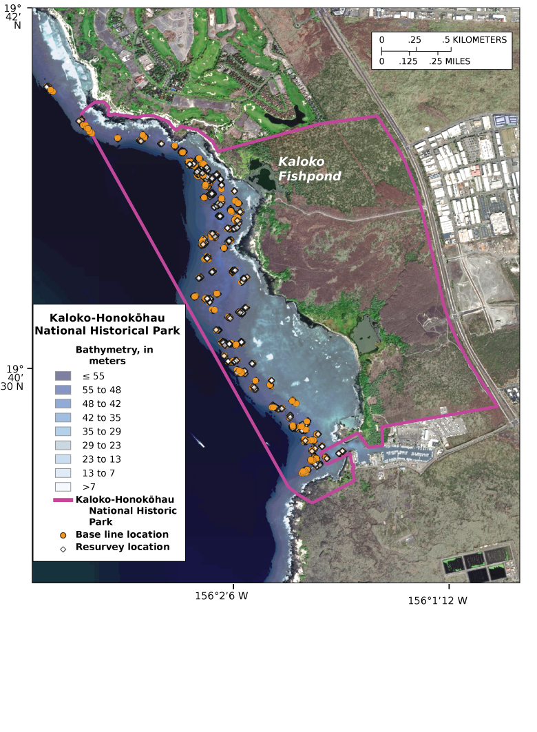 Alttext 3: The baseline and resurvey locations generally overlap with each other.
                           Both kinds of location points follow the shoreline relatively closely.