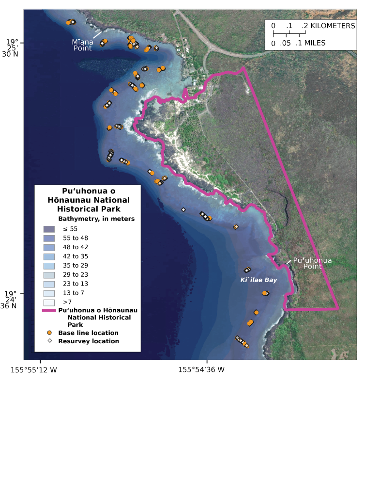 Alttext 4: The baseline and resurvey locations generally overlap with each other.
                           Both kinds of location points follow the shoreline closely.