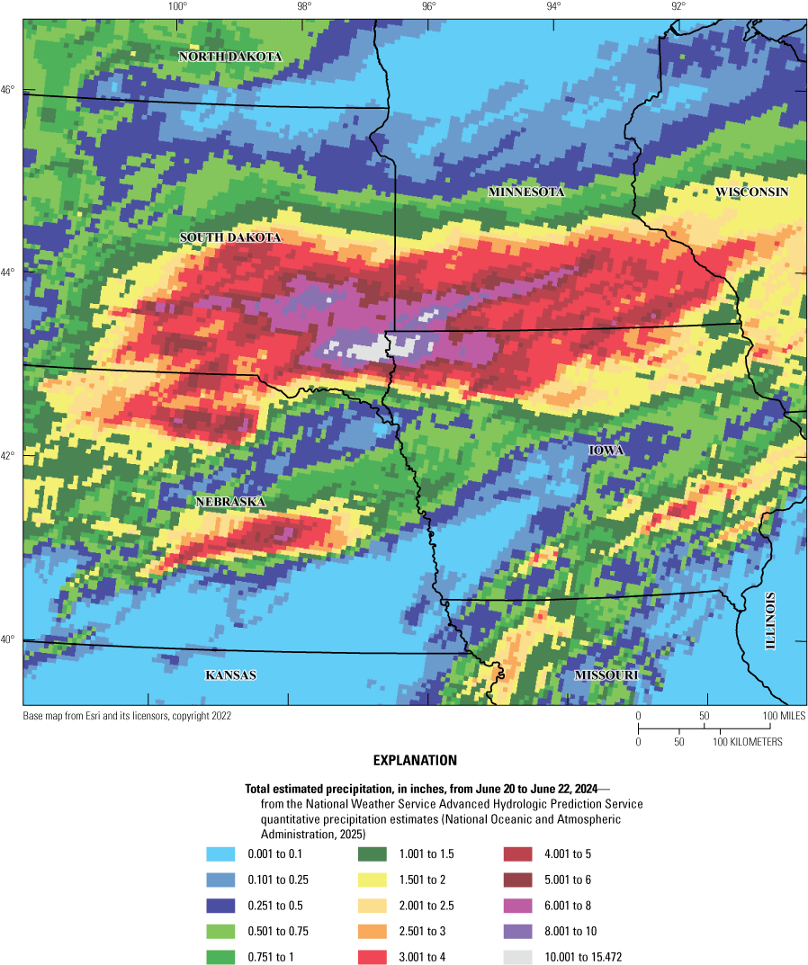 Map of precipitation from the rain event of June 20 to June 22, 2024. Highest rain
                     totals are in southeastern South Dakota, southwestern Minnesota, and northwestern
                     Iowa.