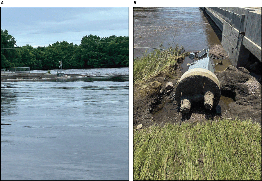 A, USGS streamgage 06483500 (Rock River near Rock Valley, Iowa) A) on June 22, 2024,
                     almost completely covered by flood waters. Only the top of the streamgage is visible;
                     B, following the receding of flood waters, the streamgage is damaged and on the ground
                     near the road.