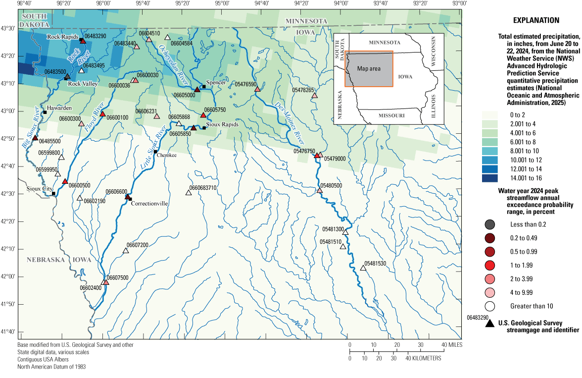 Map of northwest Iowa with precipitation amounts, rivers, and U.S. Geological Streamgages
                     included in study.