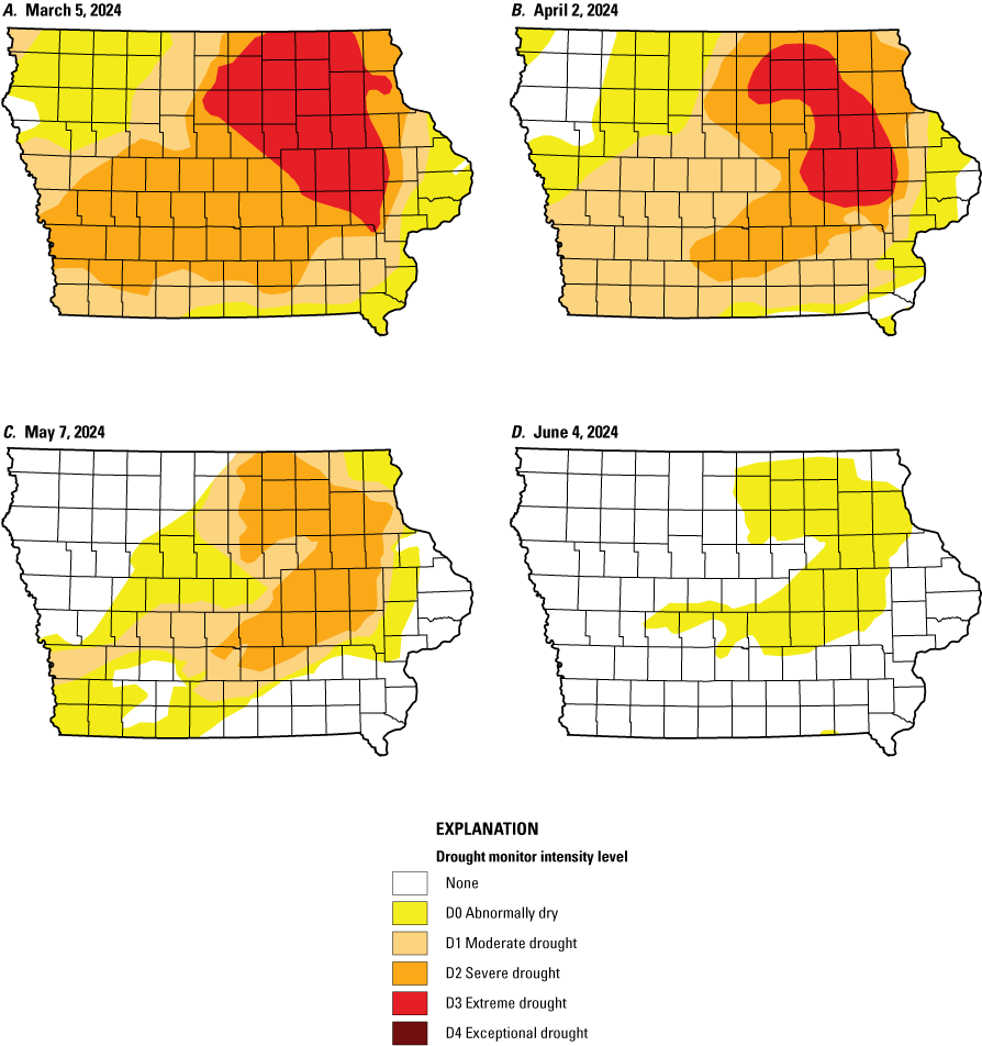 Drought conditions in Iowa for March through early June 2024, showing drought decreasing
                        in northwest Iowa.