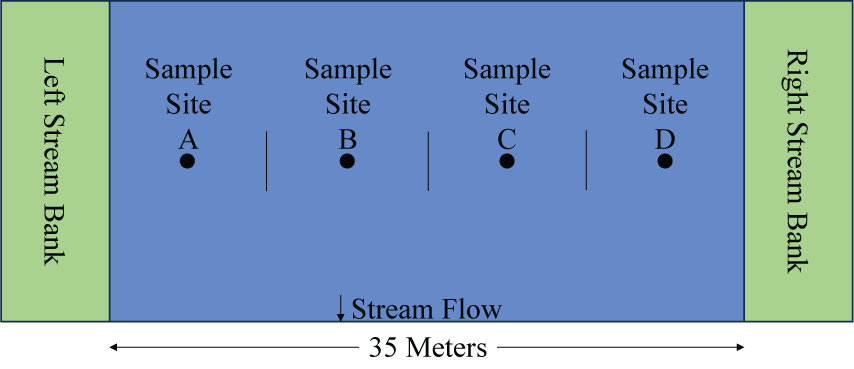 Sample sites were centered in the left descending bank quarter, mid-left descending
                        quarter, mid-right descending quarter, and right descending bank quarter.
