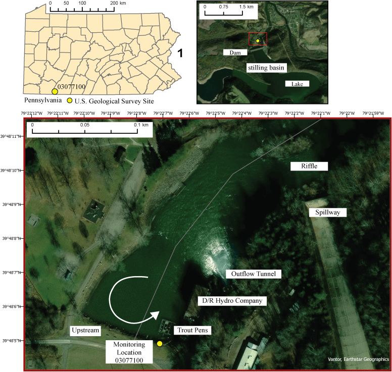 Study area of Pennsylvania with streamgage site and photographs of the lake and dam
and of the tailrace area.