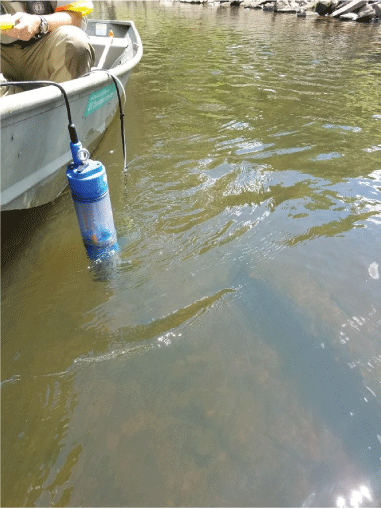 Photograph of an employee sitting in a boat holding a monitor in the stream.