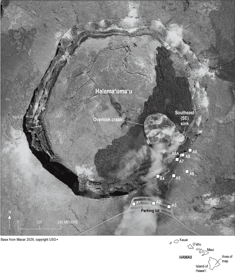 Alttext 1: Array of ten buckets at or near the rim of Halemaʻumaʻu in Kīlauea caldera.