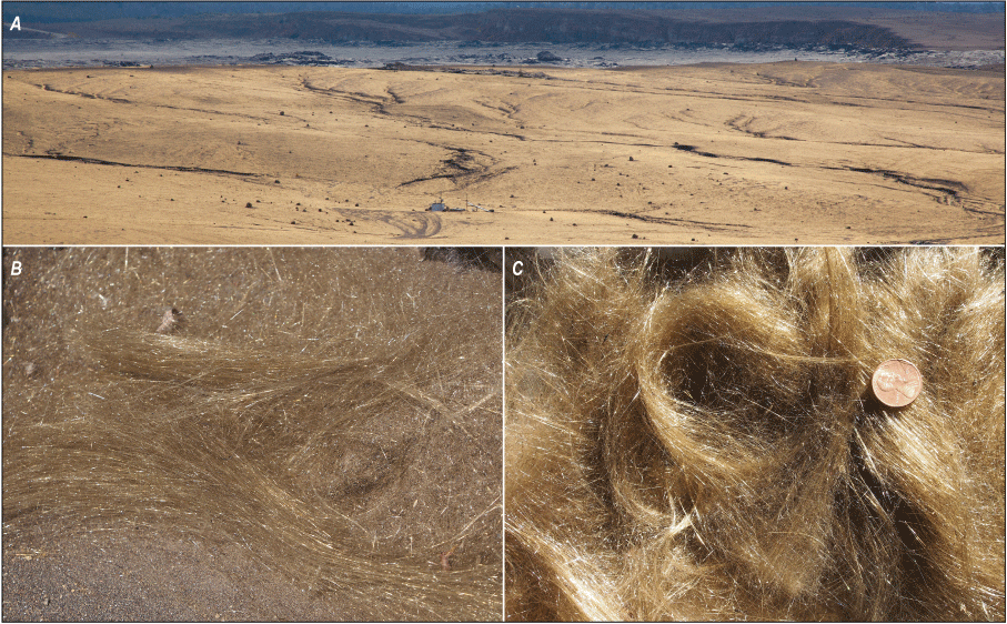 Alttext 9: Pele’s hair is volcanic glass that resembles blond human hair. Viewed up
close, it shines golden in the sun.