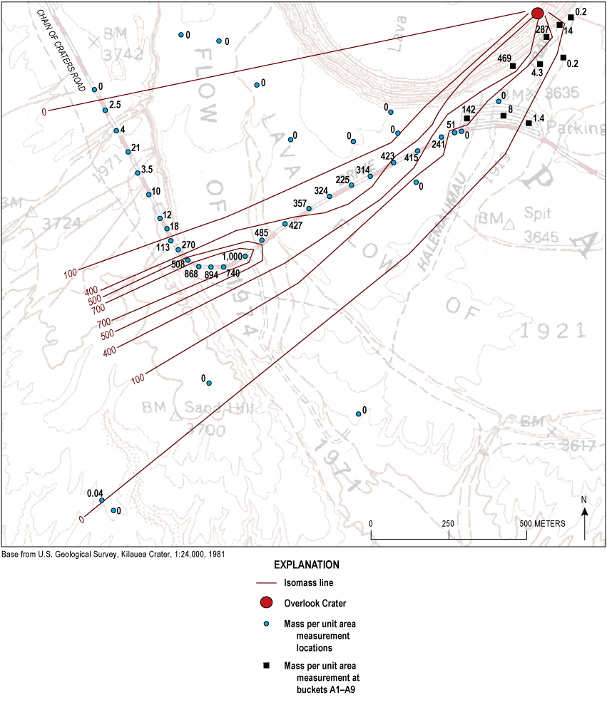 Alttext 14: Tephra on April 16, 2008, was distributed in a remarkably narrow swath
west-southwest from the Overlook crater, which was unusual for this eruption.