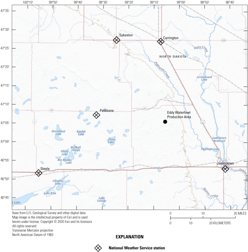 Locations of National Weather Service stations near Cottonwood Lake.