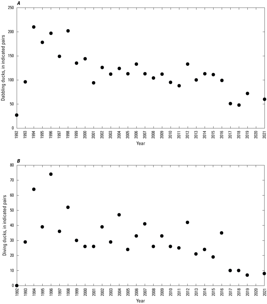 Dabbling and diving duck numbers, 1992–2021.