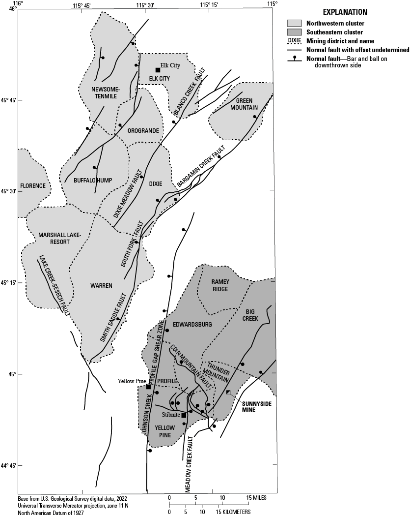 Map showing major faults and northwestern cluster and southeastern cluster mining
                        districts of central Idaho.