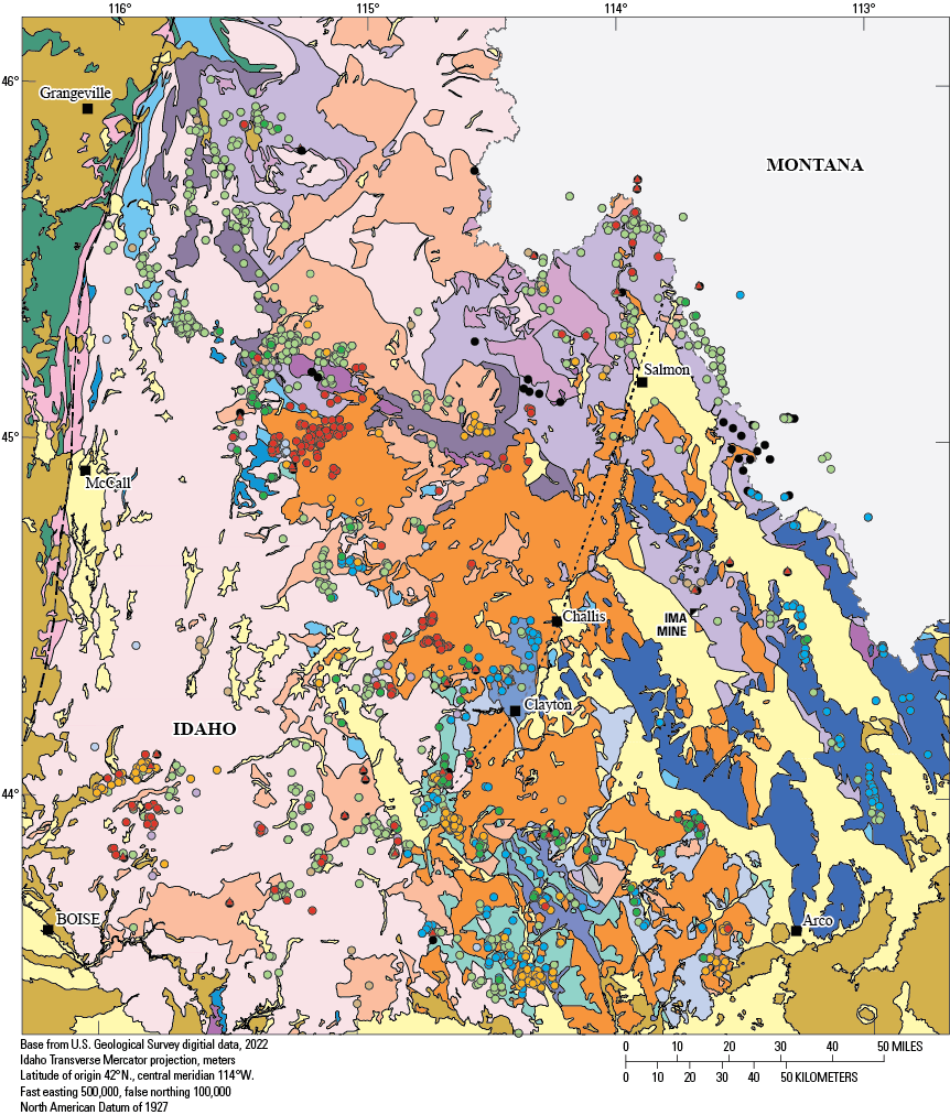 Map showing the location of epigenetic mineral deposits in south-central to central
                        Idaho.