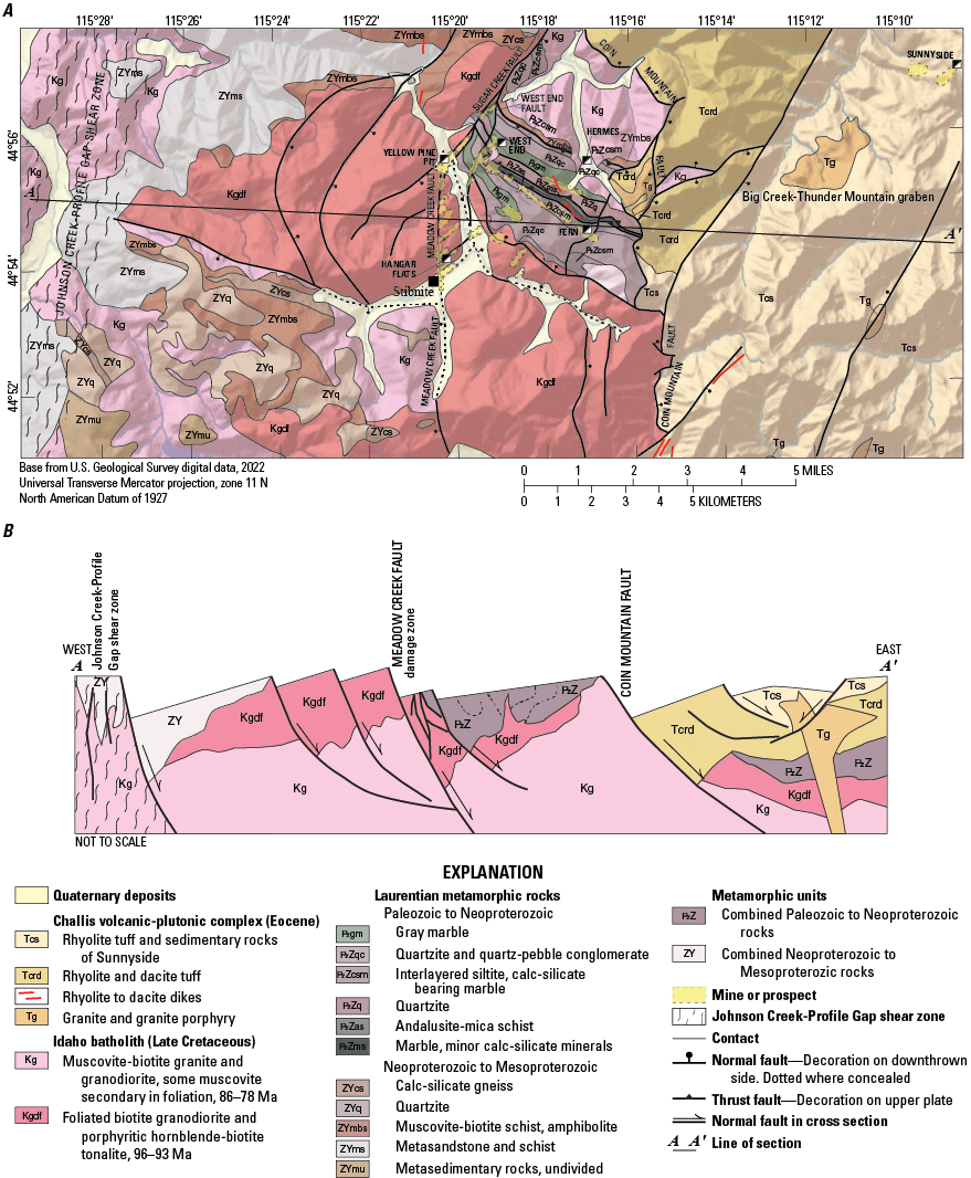 Map showing Yellow Pine-Thunder Mountain mining districts.