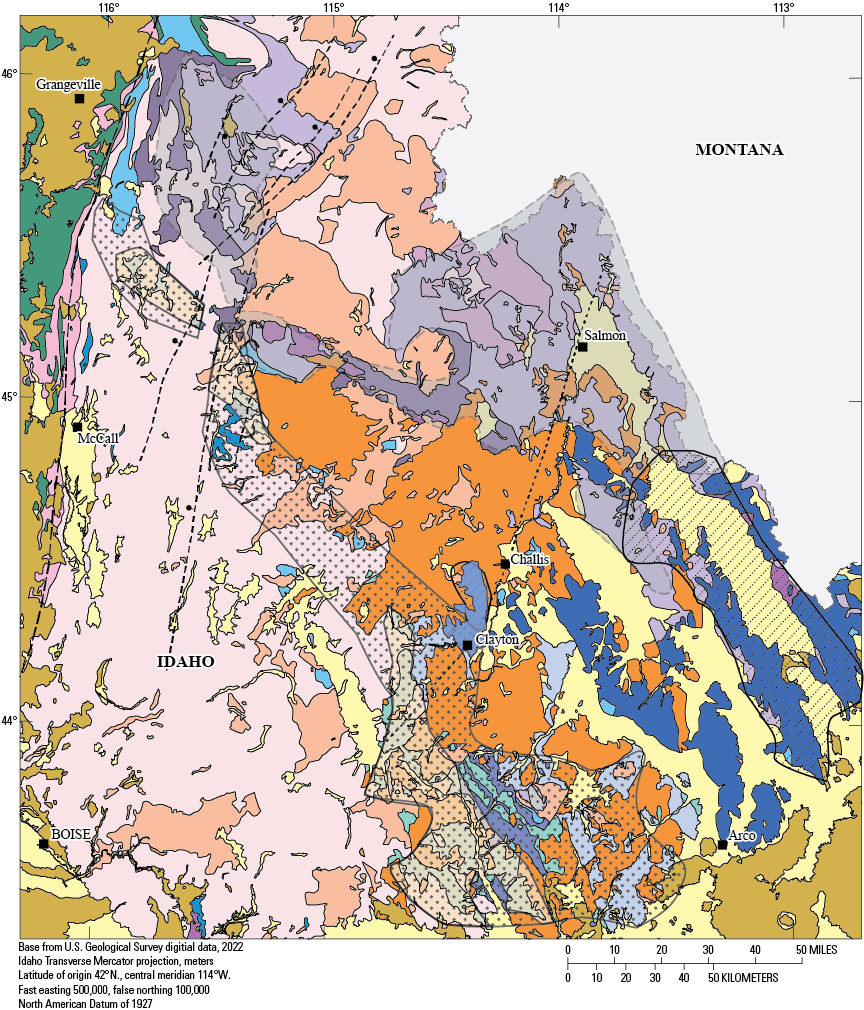 Map showing mineral deposit belts in south-central to central Idaho.