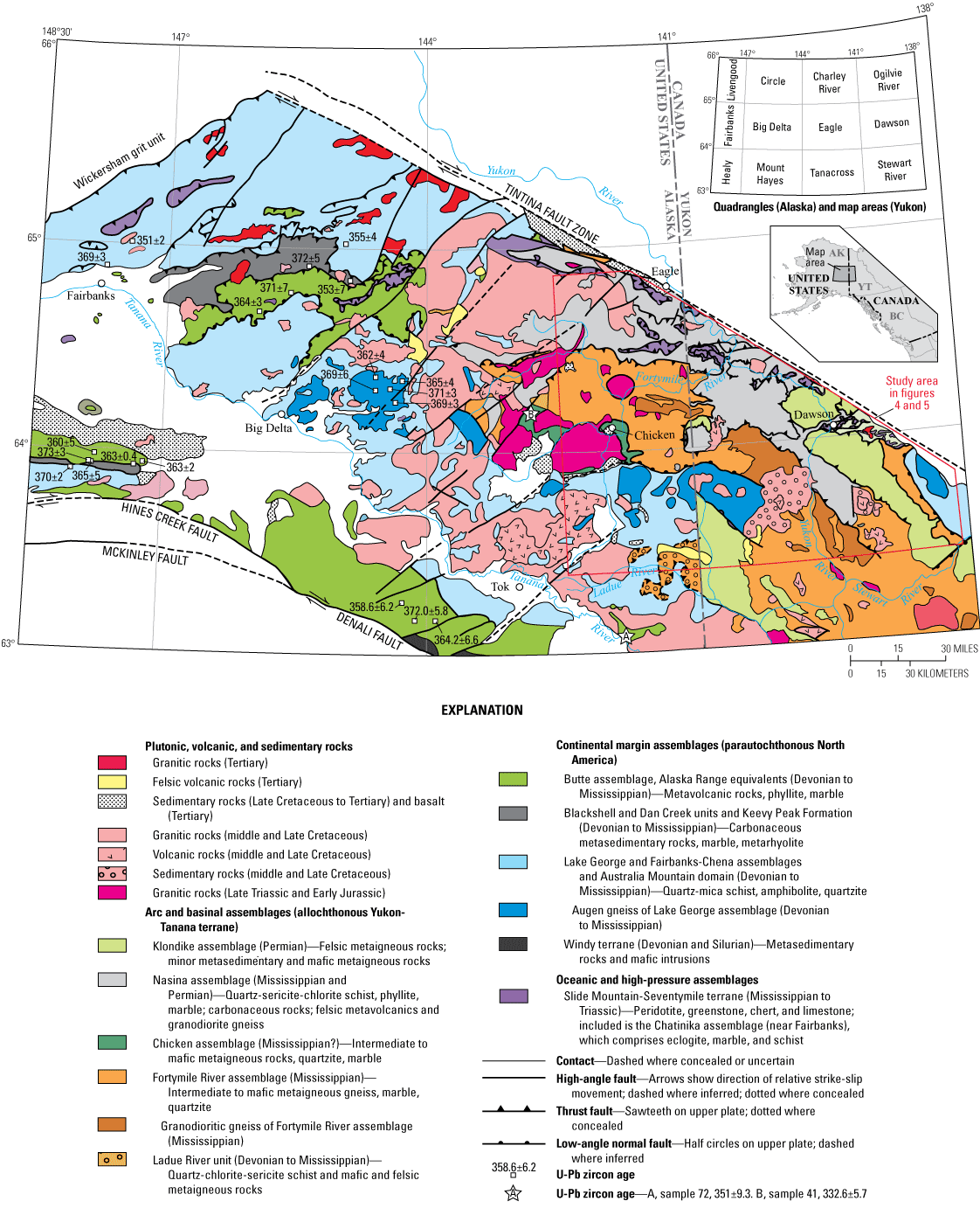2. Differing rock types, ages, and locations of existing U-Pb zircon ages are shown.
Study area includes parts of Eagle and Tanacross quadrangles and Dawson and Stewart
River map areas.