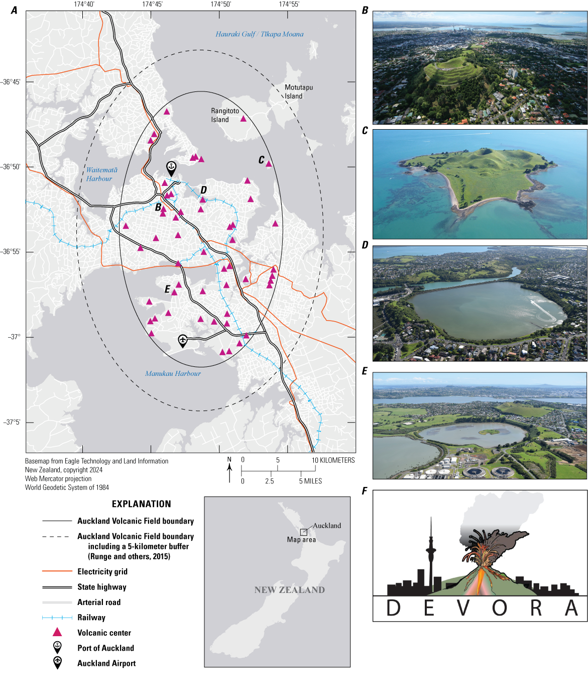 Alttext 1: Image made up of six panels: a map with volcano locations and infrastructure,
                     four aerial photographs of volcanic centers, and a logo made up of a volcano in front
                     of a city skyline.