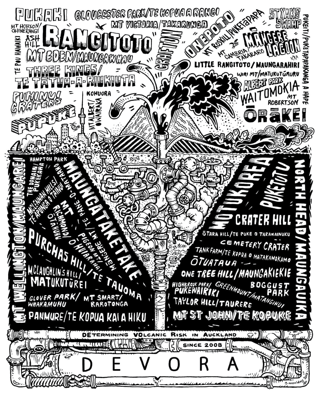 Alttext 7: Black and white design of a volcano and magma plumbing system drawn as
                     a network of pipes and valves, surrounded by names of Auckland Volcanic Field’s volcanoes.