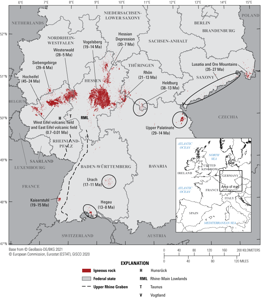 Alttext 1: Igneous rocks are concentrated in the central and western parts of Germany,
                     contained within the Vogelsberg, Westerwald and West Eifel and East Eifel volcanic
                     fields.