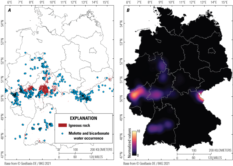 Alttext 3: There is substantial overlap between the locations of mofettes and bicarbonate
                           water. The normalized spatial density is higher where there are mofettes and bicarbonate
                           water.